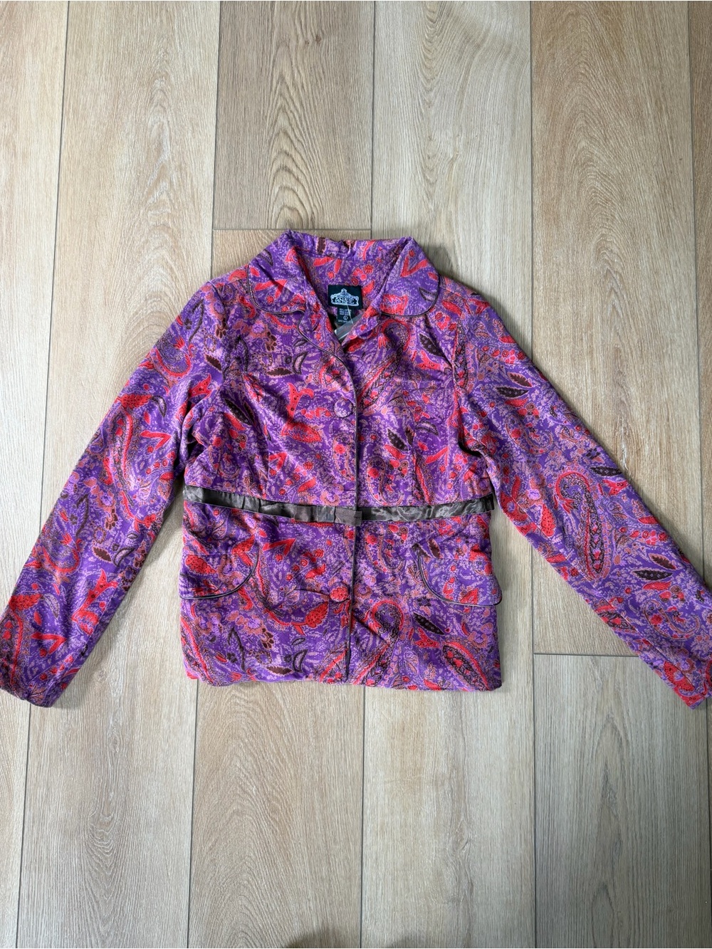 Angie Vintage Paisley Cropped Jacket Purple Pink Brocade Statement Blazer Large